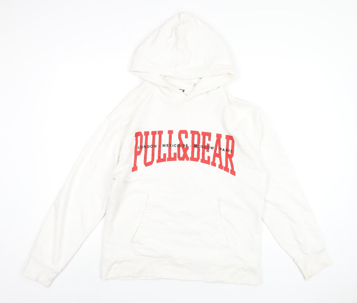 Pull&Bear Mens White Cotton Pullover Hoodie Size S