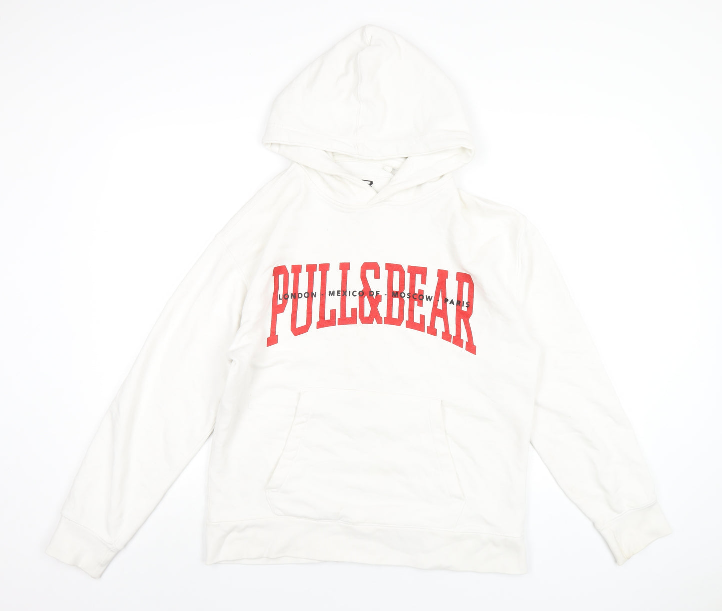 Pull&Bear Mens White Cotton Pullover Hoodie Size S