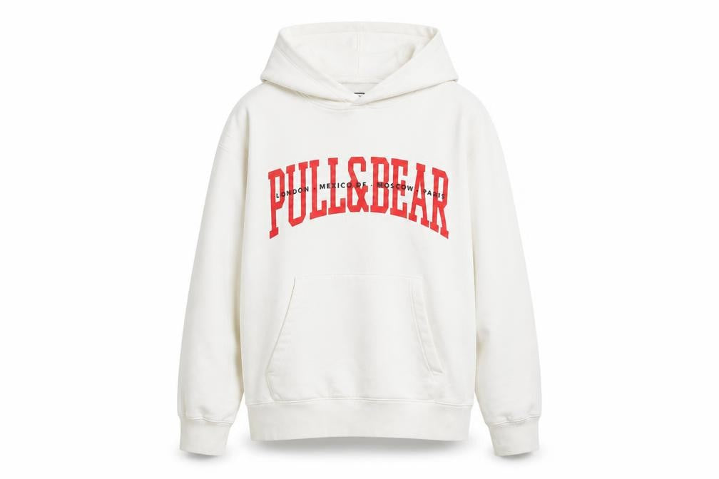 Front view of Pull&Bear men’s white cotton pullover hoodie, size S