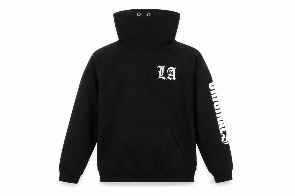 Front view of H&M boys’ black cotton pullover hoodie, size 12-13, years pullover