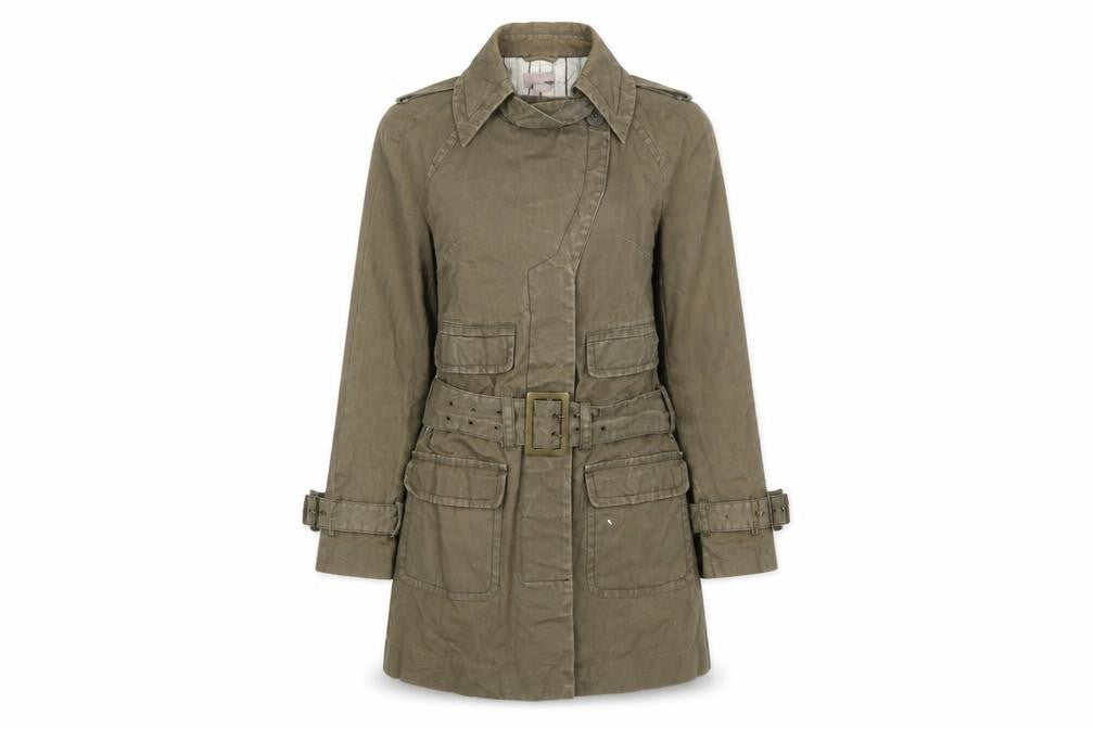 Front view of H&M women’s green trench coat coatigan, size UK 8, button