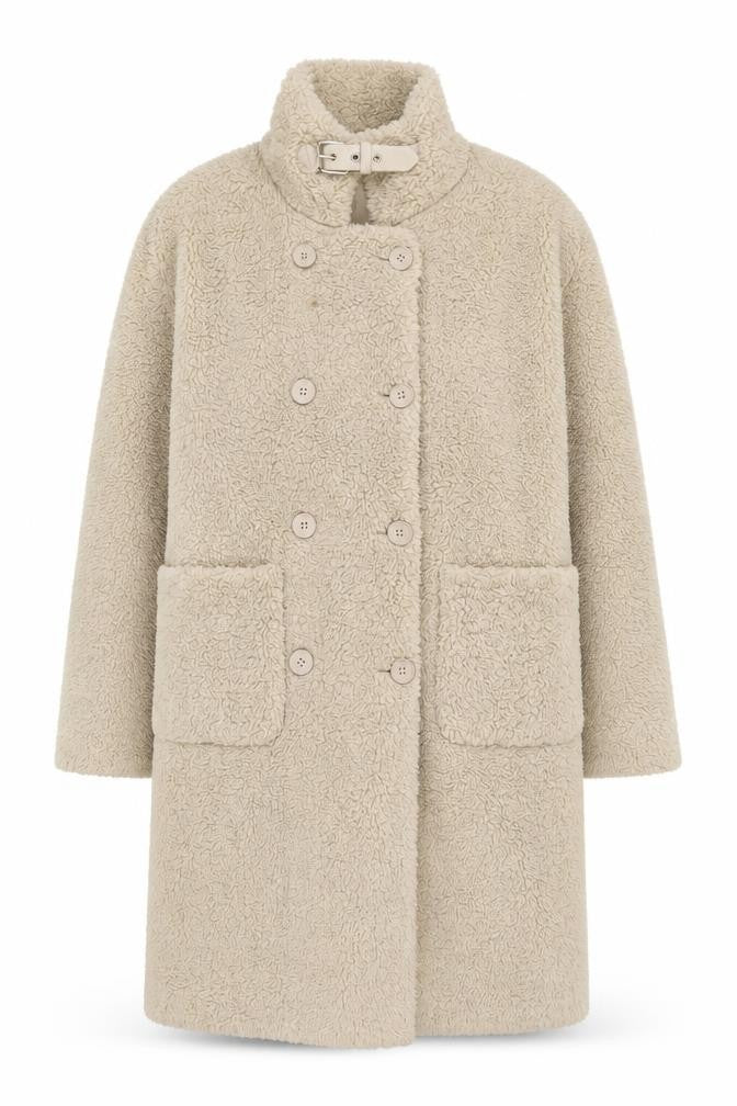 Front view of Urban Revivo women’s beige jacket coat, size UK 8, button