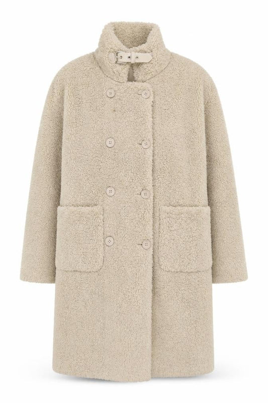 Front view of Urban Revivo women’s beige jacket coat, size UK 8, button