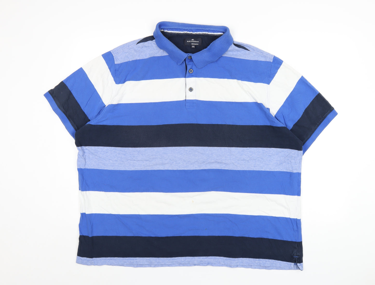 Marks and Spencer Mens Blue Striped Cotton Polo Size 3XL Collared Button