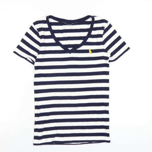 Ralph Lauren Sport Womens Blue Striped Cotton Basic T-Shirt Size L V-Neck