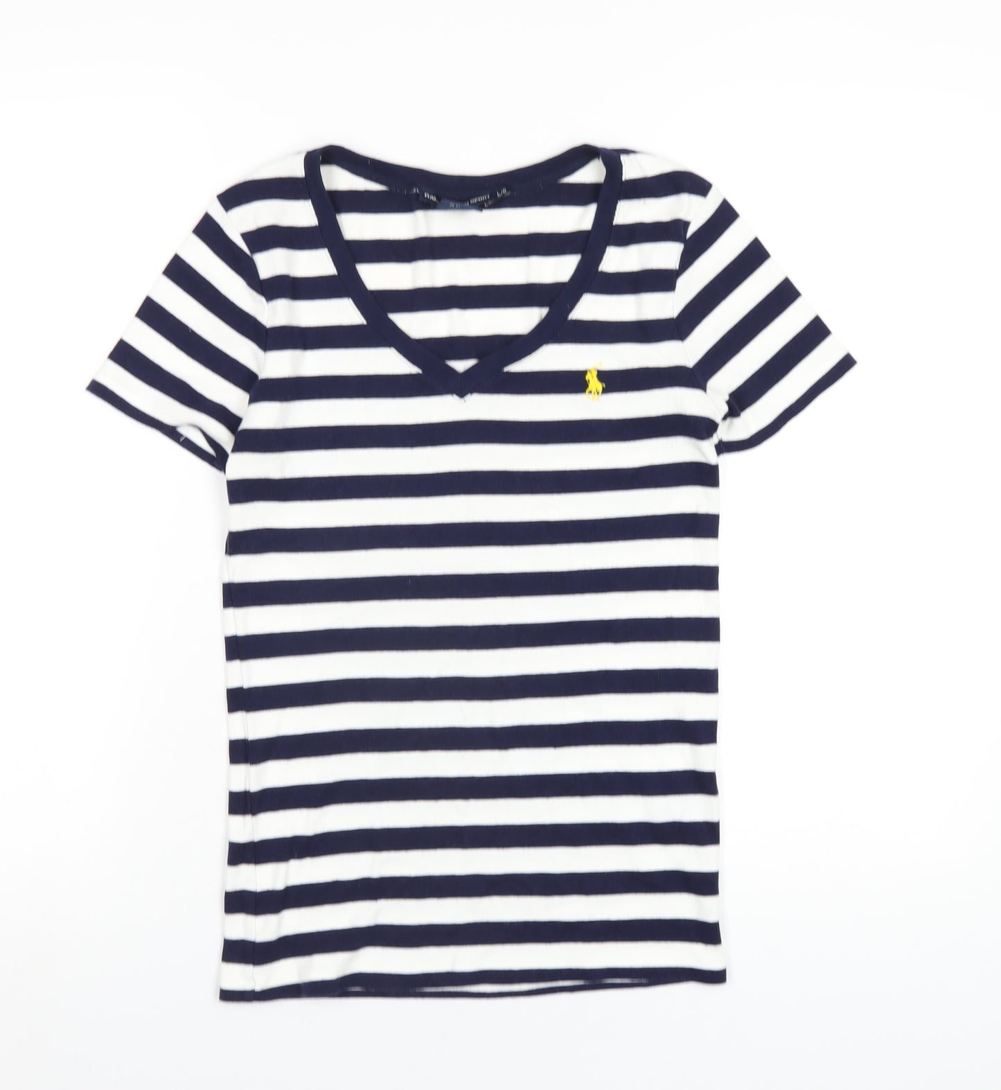 Ralph Lauren Sport Womens Blue Striped Cotton Basic T-Shirt Size L V-Neck