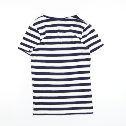 Ralph Lauren Sport Womens Blue Striped Cotton Basic T-Shirt Size L V-Neck
