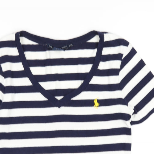 Ralph Lauren Sport Womens Blue Striped Cotton Basic T-Shirt Size L V-Neck