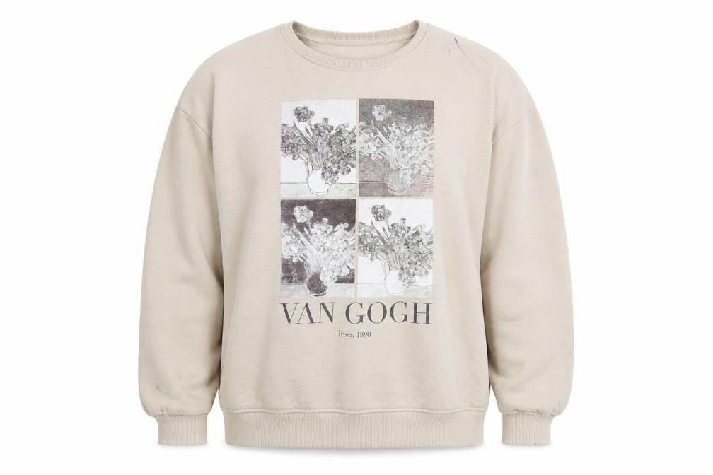 Front view of Vincent Van Gogh men’s beige polyester pullover sweatshirt, size XL, - vincent van gogh irises, 1890