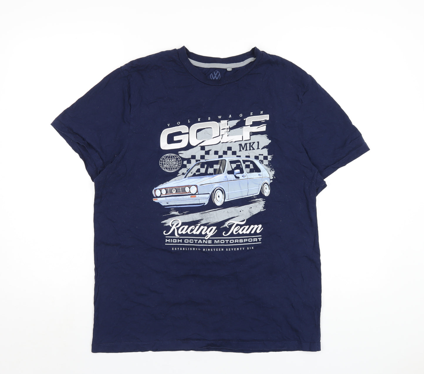 Volkswagen Mens Blue Cotton T-Shirt Size L Roll Neck - Volkswagen Golf Racing Team