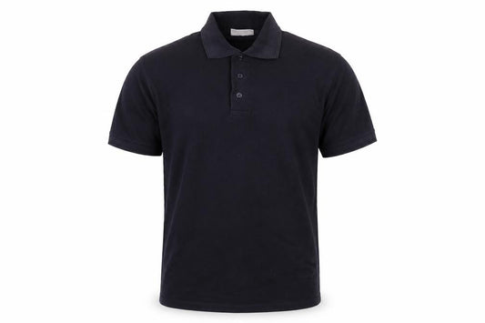 Front view of Absolute Apparel men’s blue cotton polo, size M, collared button