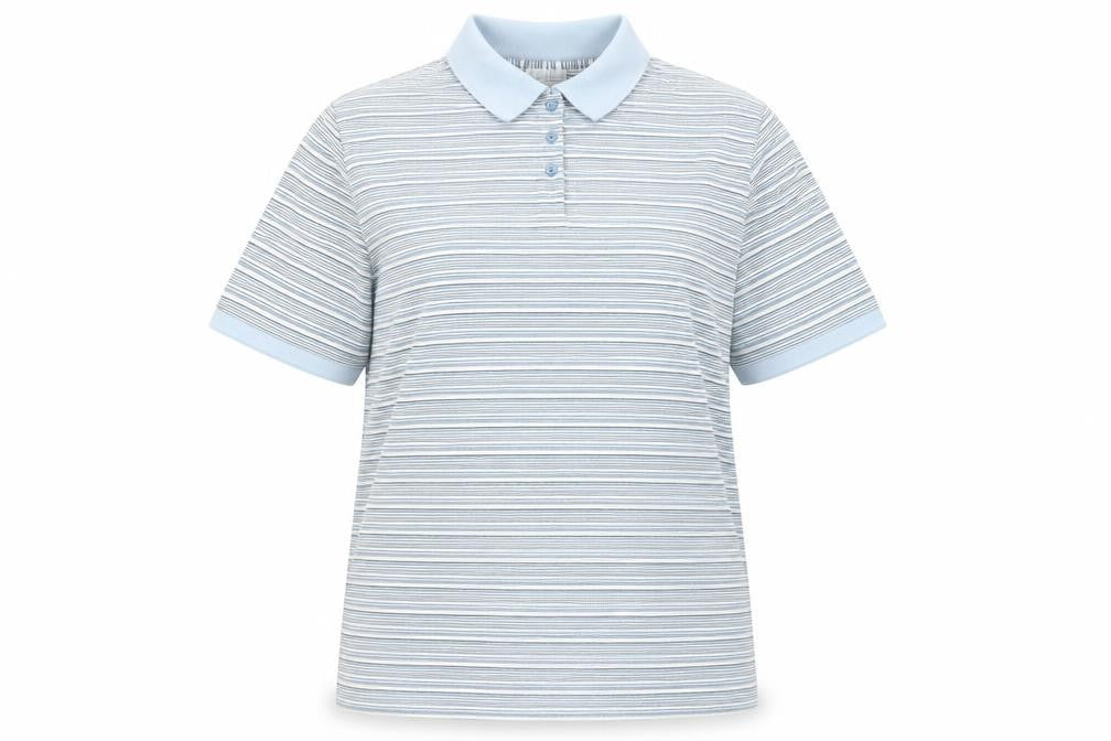 Front view of Joie de Vivre women’s blue striped cotton basic polo, size UK 16, collared