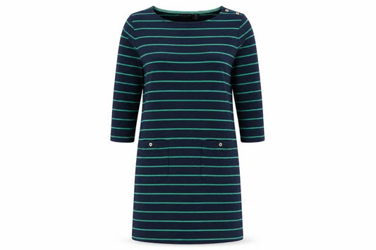 Front view of Adrienne Vittadini women’s blue striped cotton a-line, size M, round neck pullover