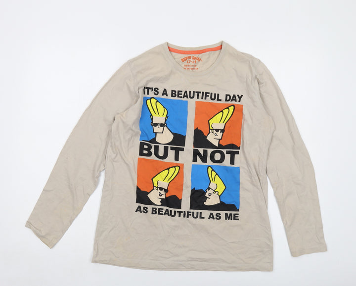 Super Squad Boys Beige Cotton Basic T-Shirt Size 13-14 Years Crew Neck Pullover