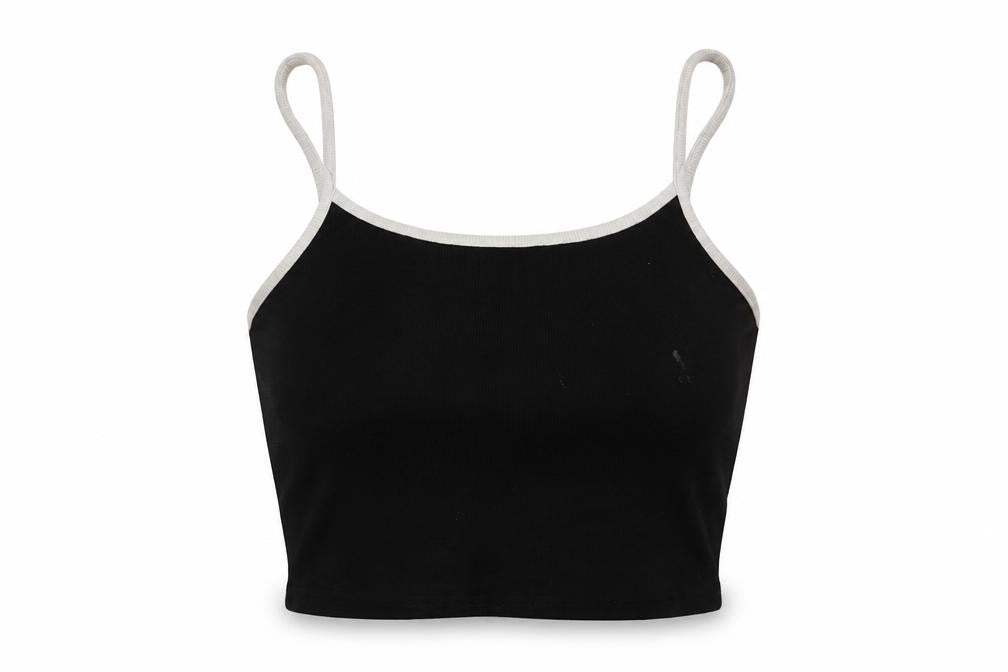 Front view of Collusion women’s black cotton cropped tank, size UK 14, round neck