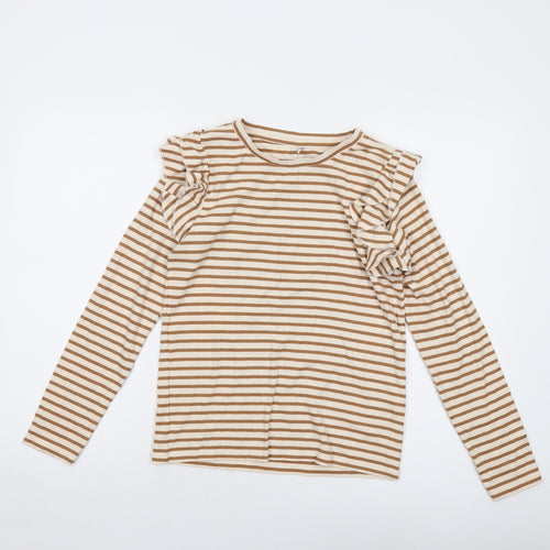 JDY Womens Beige Striped Cotton Basic Blouse Size L Crew Neck