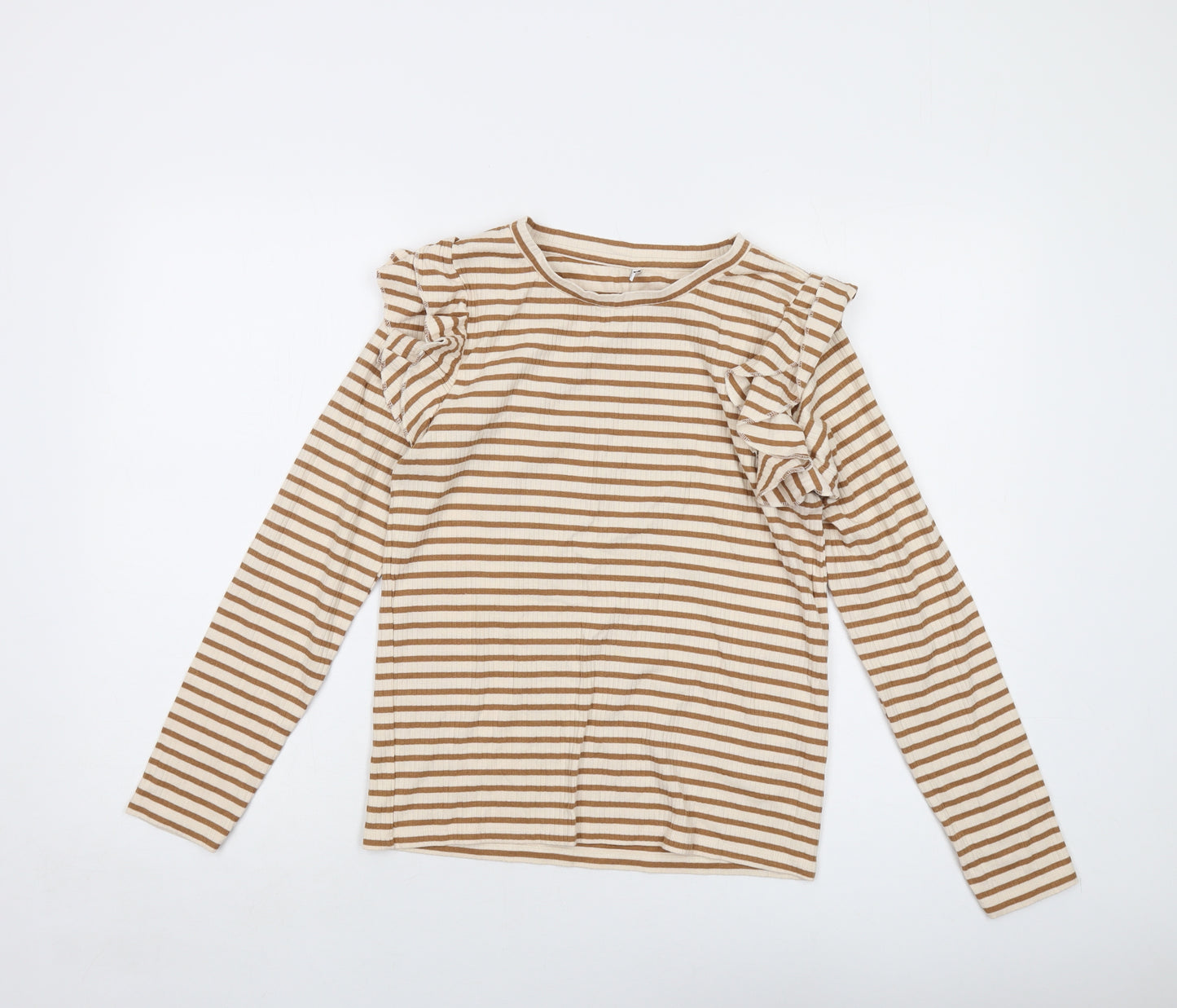 JDY Womens Beige Striped Cotton Basic Blouse Size L Crew Neck