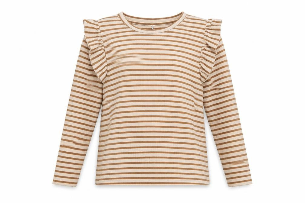 Front view of JDY women’s beige striped cotton basic blouse, size L, crew neck