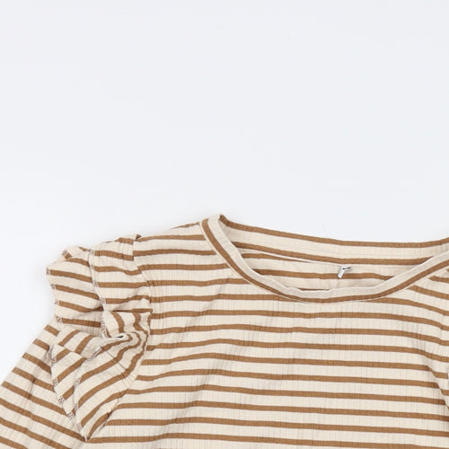 JDY Womens Beige Striped Cotton Basic Blouse Size L Crew Neck