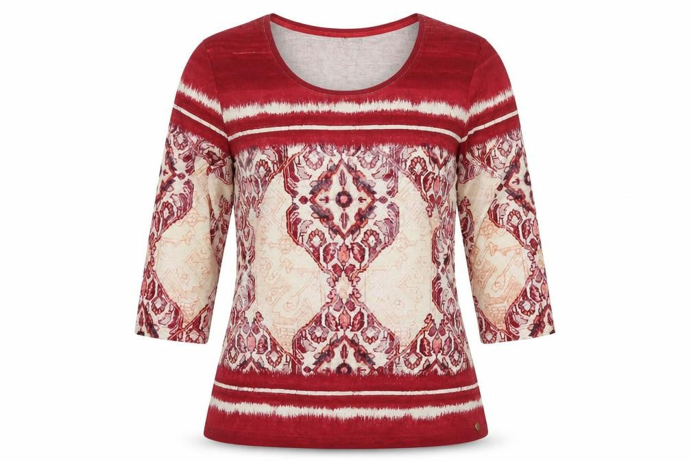 Front view of Olsen women’s red geometric cotton basic t-shirt, size UK 18, round neck