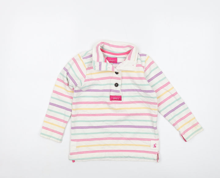 Jpules Girls White Striped Cotton Pullover Sweatshirt Size 6 Years Button