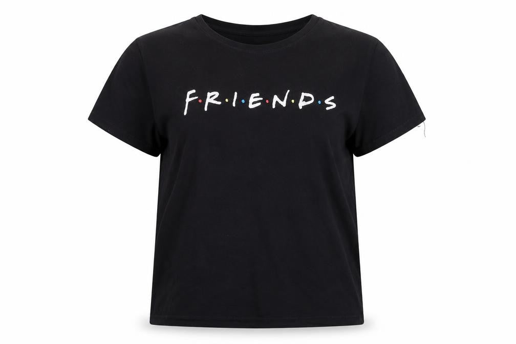 Front view of Friends women’s black cotton basic t-shirt, size XL, round neck