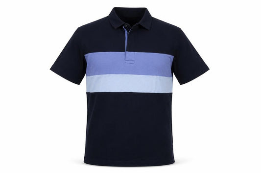 Front view of EWM men’s blue cotton polo, size S, collared button