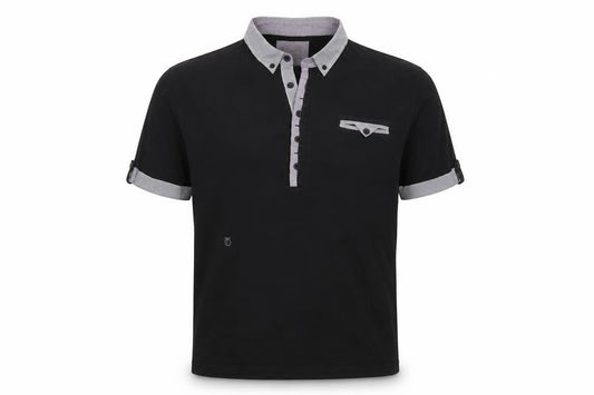 Front view of Peter Werth men’s black cotton polo, size 2XL, collared button
