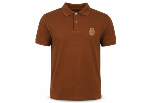 Front view of Hield men’s brown cotton polo, size M, collared button