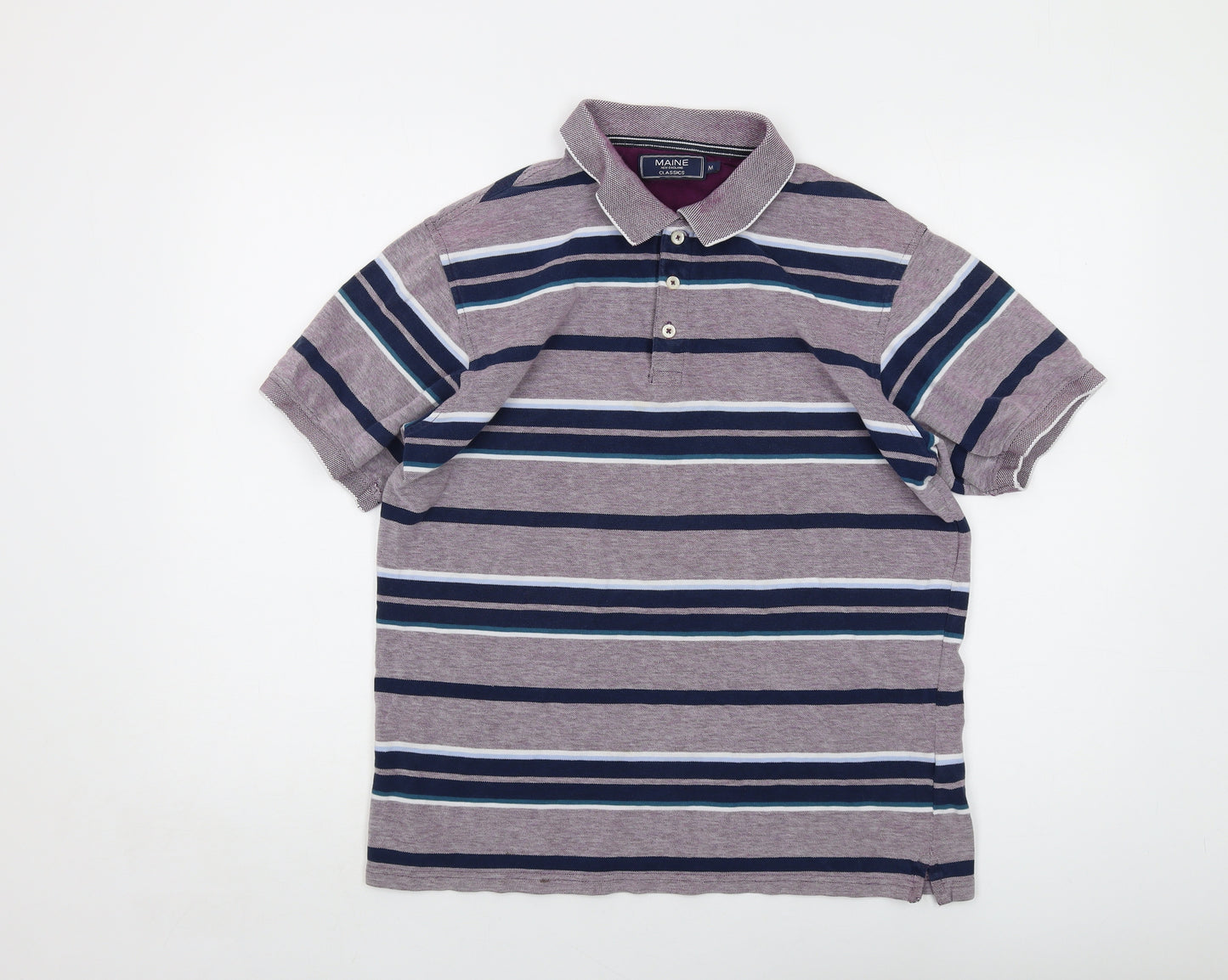 Maine Mens Multicoloured Striped Cotton Polo Size M Collared Button