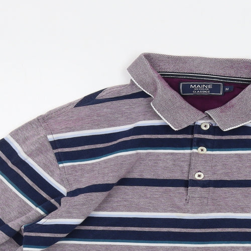 Maine Mens Multicoloured Striped Cotton Polo Size M Collared Button