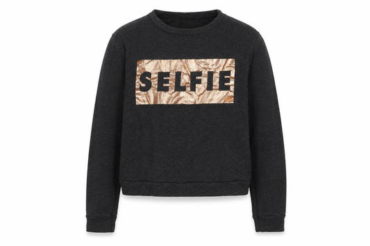 Front view of Next girls’ grey cotton pullover sweatshirt, size 12-13, years pullover - selfie