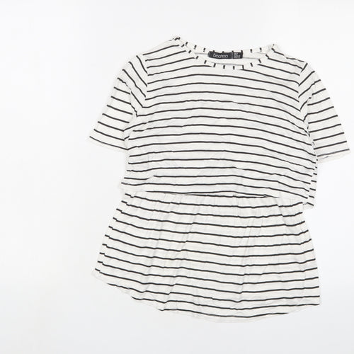 Boohoo Womens White Striped Viscose Basic T-Shirt Size 8 Crew Neck