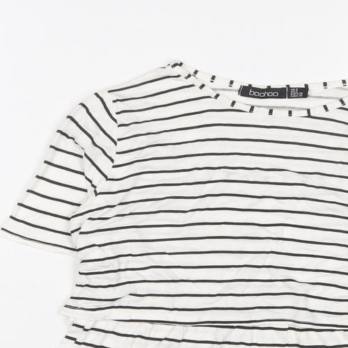 Boohoo Womens White Striped Viscose Basic T-Shirt Size 8 Crew Neck
