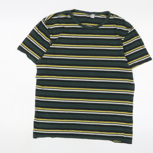 H&M Mens Green Striped Cotton T-Shirt Size S Crew Neck