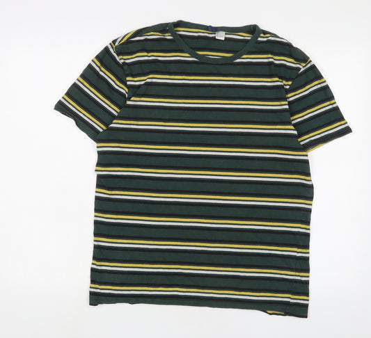 H&M Mens Green Striped Cotton T-Shirt Size S Crew Neck