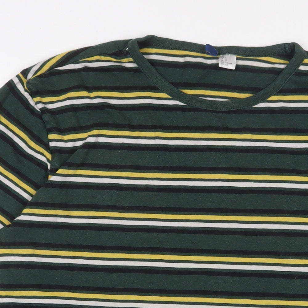 H&M Mens Green Striped Cotton T-Shirt Size S Crew Neck