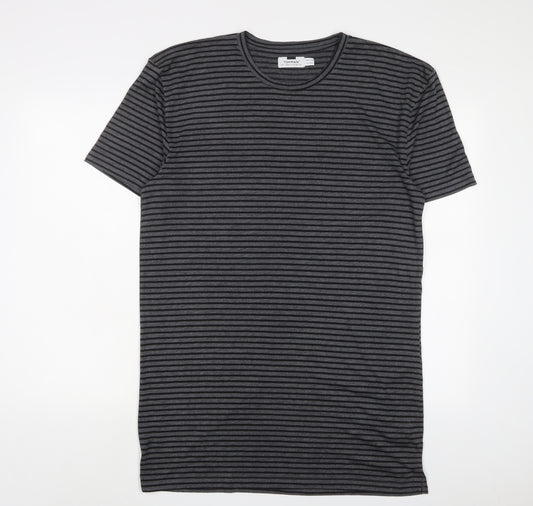 Topman Mens Grey Striped Polyester T-Shirt Size L Crew Neck