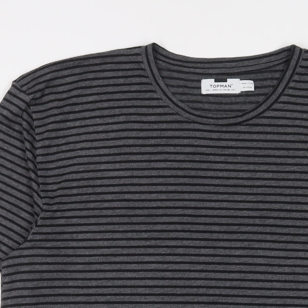 Topman Mens Grey Striped Polyester T-Shirt Size L Crew Neck