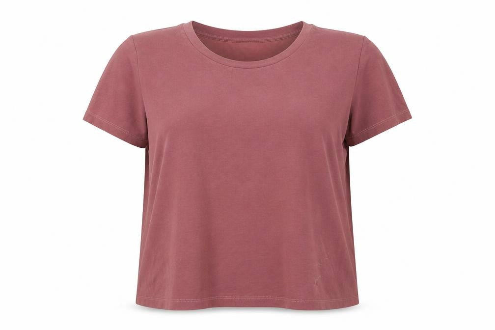 Front view of Monki women’s pink polyester basic t-shirt, size 2XL, crew neck