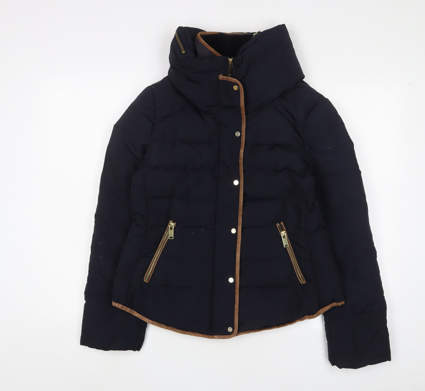 Zara Womens Blue Quilted Coat Size L Zip - Zip Pockets
