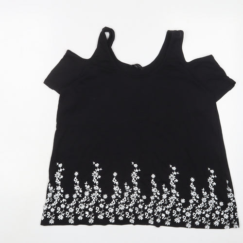 New Look Womens Black Floral Cotton Basic T-Shirt Size 14 Scoop Neck
