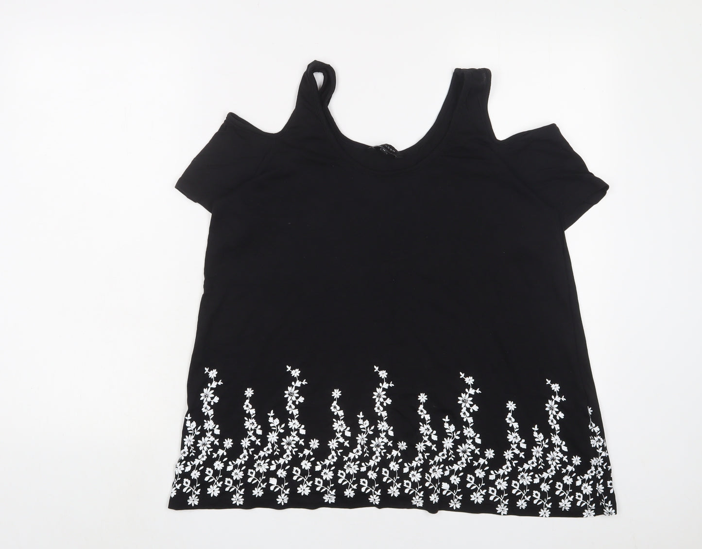 New Look Womens Black Floral Cotton Basic T-Shirt Size 14 Scoop Neck