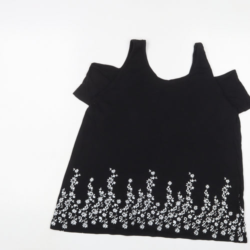 New Look Womens Black Floral Cotton Basic T-Shirt Size 14 Scoop Neck