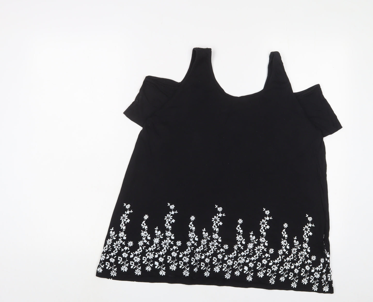 New Look Womens Black Floral Cotton Basic T-Shirt Size 14 Scoop Neck