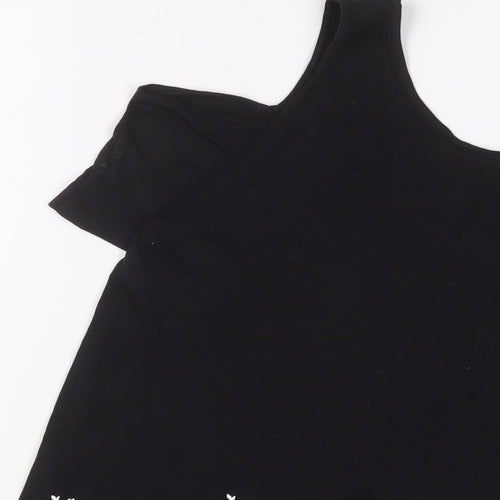 New Look Womens Black Floral Cotton Basic T-Shirt Size 14 Scoop Neck
