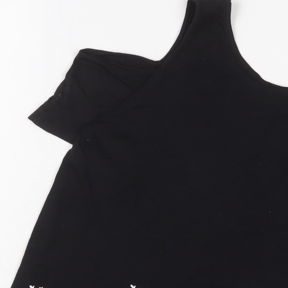 New Look Womens Black Floral Cotton Basic T-Shirt Size 14 Scoop Neck