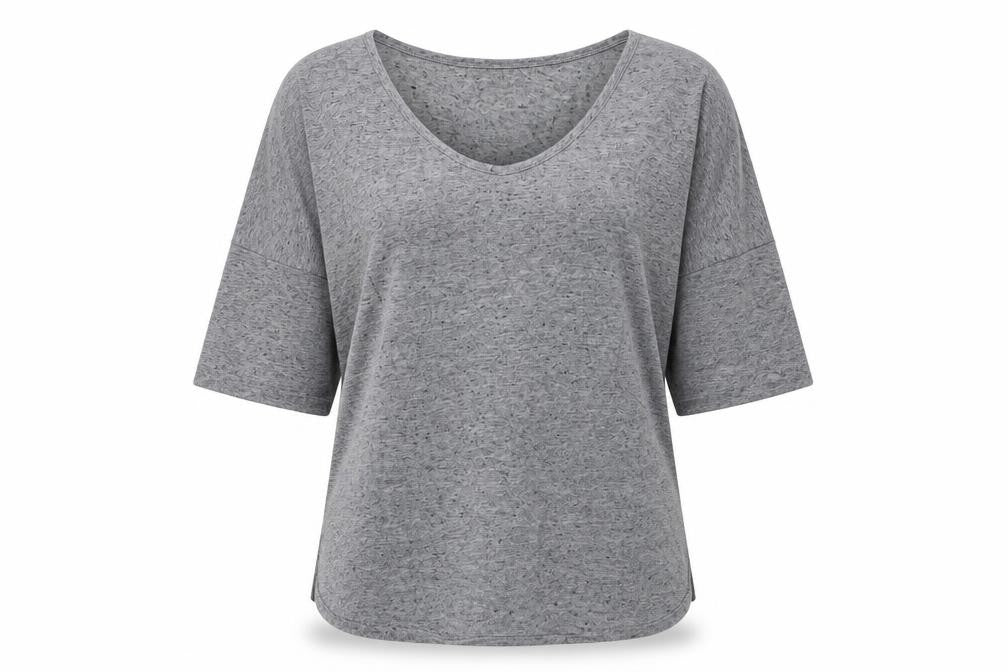 Front view of Oasis women’s grey viscose basic t-shirt, size S, scoop neck