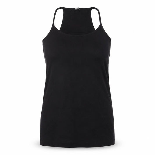 Front view of ASOS women’s black cotton basic tank, size UK 14, scoop neck pullover