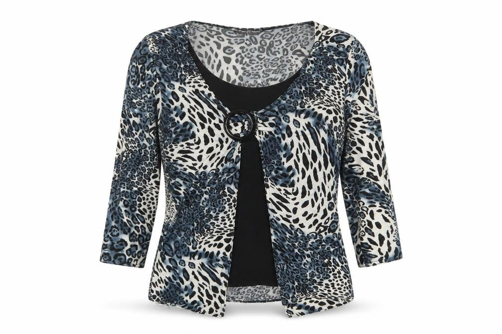 Front view of Joella Di Marco women’s blue animal print viscose basic blouse, size M, scoop neck